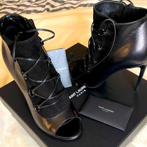 BRAND NEW Saint Laurent Black Lace Up Booties Size 37